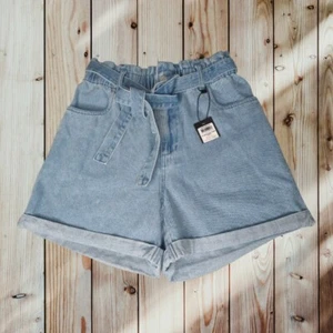 Vero Moda Denim Jean Shorts S High Rise Paper Bag Waist Mom Cuffed Tie Belted - Picture 1 of 9