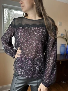 AMAZING OSCAR DE VNTG PURPLE SILK BLOUSE TOP W/ BLACK LACE LONG SLEEVE STUNNING - Picture 1 of 17