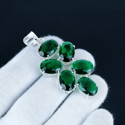 Verde Tormalina Lab- Fatto Gemma a Mano 925 Argento Sterling Etnico Ciondolo - Immagine 1 di 4