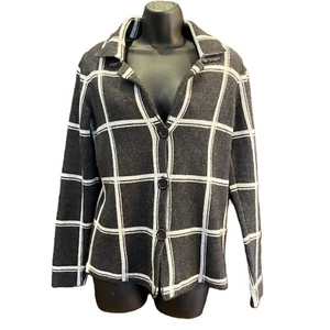 Bartolini Medium Cashmere Wool Cardigan Plaid Charcoal Gray White Made Italy - Picture 1 of 7