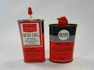 Pair SEARS ROEBUCK GUN OIL REEL ALL PURPOSE MACHINE CAN HOUSEHOLD HANDY TIN  - Picture 1 of 7