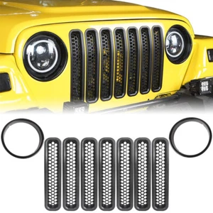 Mesh Grille Grill Insert+Headlight Cover Trim Kit for Jeep Wrangler TJ 1997-2006 - Picture 1 of 11