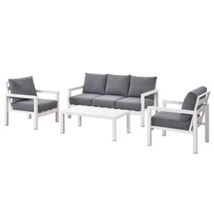 Coogee 5 Seater White Aluminium Outdoor Sofa Lounge Set with Coffee Table & Grey - Picture 1 of 12