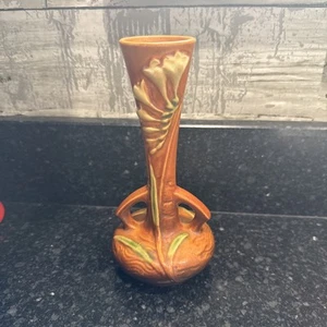Vintage Roseville Pottery Freesia Bud Vase – 195-7 – 7" Tall – Orange/Brown Matt - Picture 1 of 11