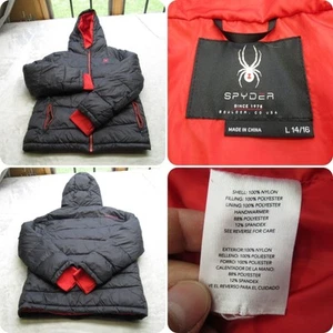 Spyder Jacket Youth Large Black Red Pockets Hooded Full Zip Quilted Puffer - Picture 1 of 16