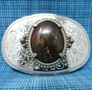Classic Western Dress Belt Buckle Dark Brown Stone Mount Vintage 80s 90s .CPA104 - Picture 1 of 6