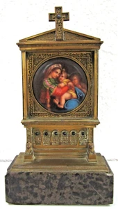 Antigua pintura alemana de bronce mármol porcelana Virgen de la silla religiosa - Imagen 1 de 15