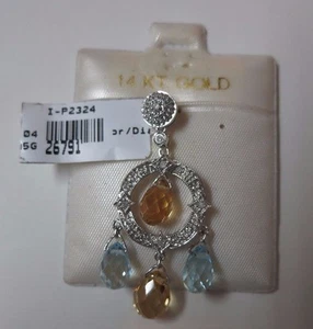 BNWT Beautiful PENDANT 14k White Gold with Diamonds & Colored Stones - Picture 1 of 9