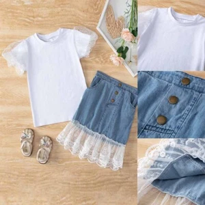 Newborn Baby Girls Summer Short Sleeve Tops Clothes Lace Denim Skirt Outfits Set - Picture 1 of 7