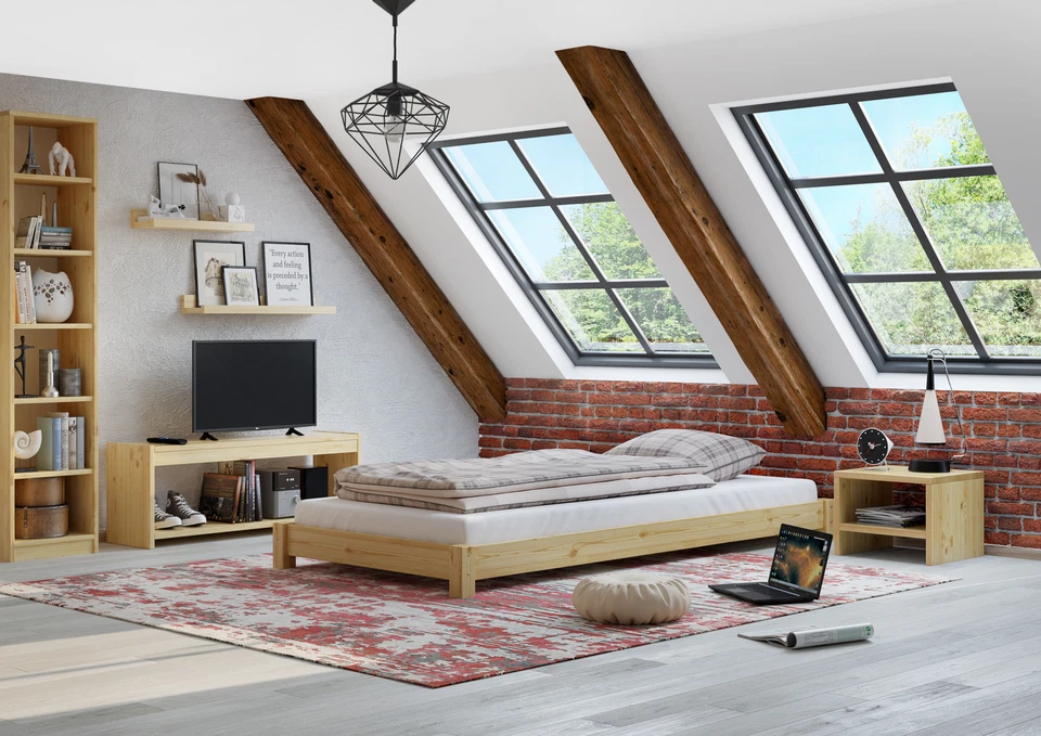 Breites Flachbett Futonbett Niedrigbett 100x200 Kiefer massiv Niedrigbett Natur - Bild 1 von 1