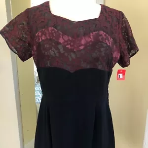 Vtg 40s Black Maroon Sheer Lace Sweetheart Bodice Crepe Evening Party Dress M/L - Picture 1 of 14