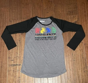 T-Shirt Harry Potter Hogwarts Glitzer Maskottchen Raglan grau/schwarz Größe XL EUC - Bild 1 von 7