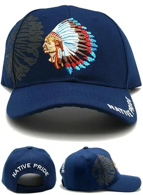 Orgullo Nativo Nuevo Líder Jefe Guerrero Indio Plumas Azul Marino Era Sombrero Gorra Foto 1 de 4