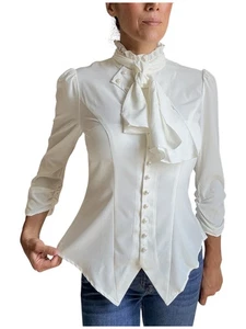 Gothic Victorian White Ruffle Blouse – Elegant Steampunk Tie Neck Top for Women - Picture 1 of 11
