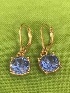 INTENSE CERULEAN BLUE CRYSTAL DROP DANGLE LEVER BACK GOLDTONE EARRINGS STATEMENT - Picture 1 of 10
