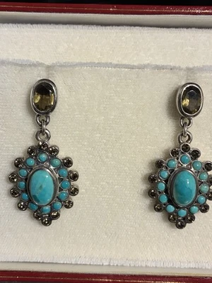 BARSE 925 STERLING SILVER TURQUOISE & SMOKY QUARTZ DANGLE EARRINGS 1 1/4” - Image 1 of 4