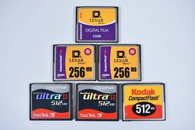 (6) Compact Flash Data Storage Cards Sandisk Ultra 512 Lexar Media 256MB 32MB - Image 1 of 4