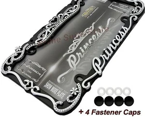 Chrome/ Black Metal Princess Crown License Plate Frame Car auto Truck Tag Holder - Picture 1 of 5