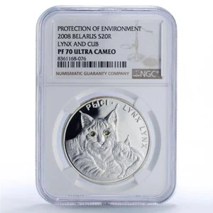 Belarus 20 roubles Lynxes Protection Wildlife Fauna PF70 NGC silver coin 2008 - Picture 1 of 4