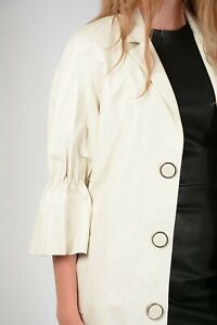 DROMe Genuine Lambskin Leather 3/4 Sleeves Dress Coat S Ivory $1499