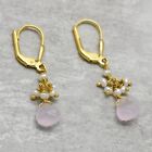 Rose quartz and pearl dangle earring with 925 silver 22k gold earring for women