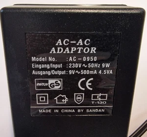 SANDAN AC-0950 Netzteil 9V AC 4,5VA ~ 500mA    Hohlstecker 5,5-2,1mm #K-448-08 - Bild 1 von 2