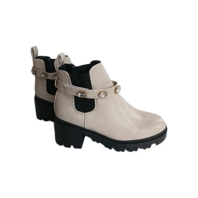 Botines Nicole Miller Chelsea Beige Imitación Cuero Tacón Grueso Estrás Talla 8 Nuevos Foto 1 de 4