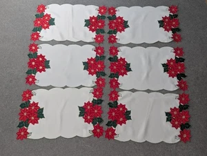 Peggy Wilkins Set of 6 Vintage Poinsettia Embroidered Christmas Placemats - Picture 1 of 24