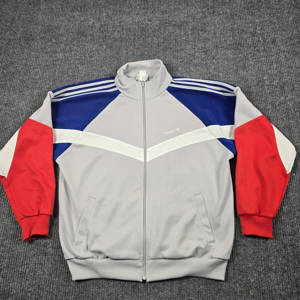 Chaqueta de Pista Adidas De Colección Para Hombre Grande Gris Azul Rojo Trifolio Cremallera Completa Años 80 Foto 1 de 4