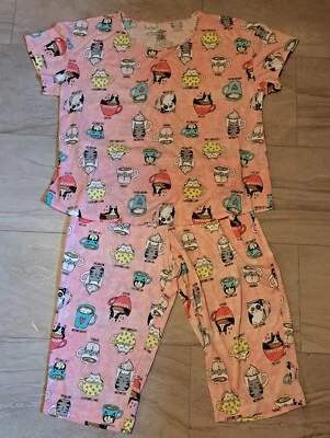 Pijama feminino sem marca tamanho 3XL rosa gatos canecas de café elástico cintura - Imagem 1 de 4