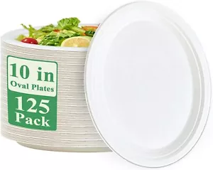 10" Compostable Oval Paper Plates 125-Pack, Eco-Friendly Sugarcane - Picture 1 of 7