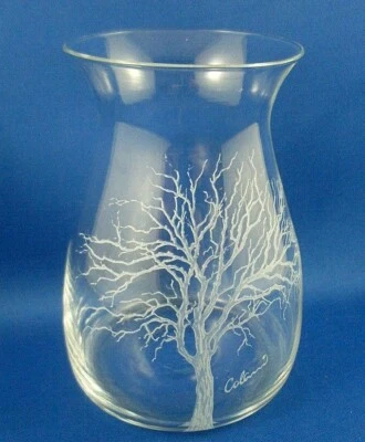 RARE Signed HAND ETCHED Abstract TREE Art Glass Small to Med FLOWER VASE Unique  Foto 1 de 4