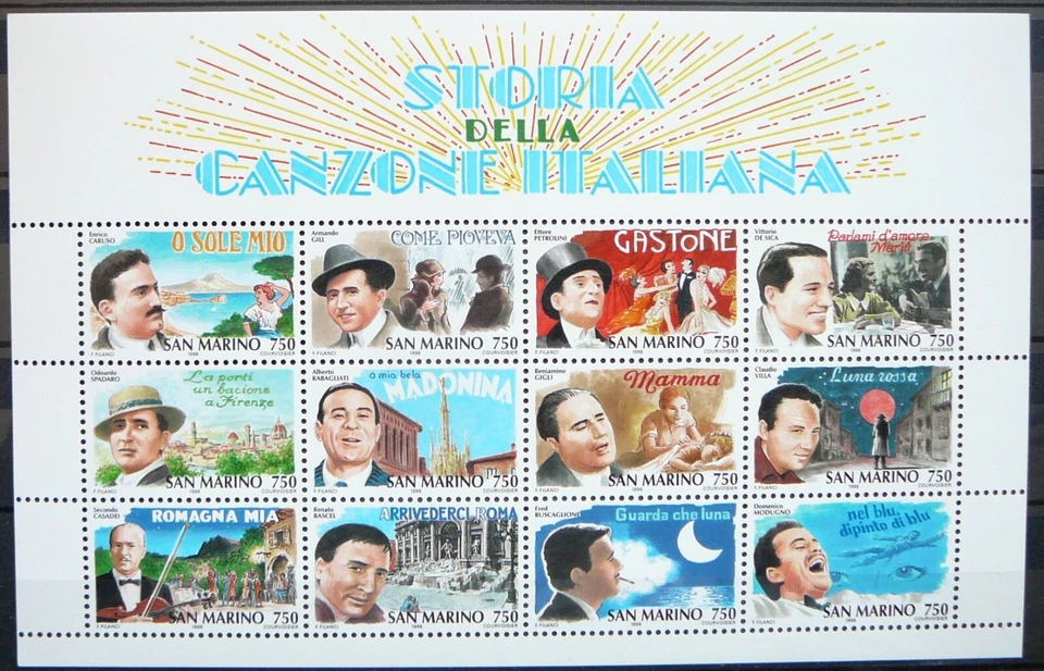 Hoja en miniatura de San Marino - Historia de la canción italiana - Cantantes_1996 - MNH. Foto 1 de 1