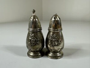 Vintage SilverTone Cast Metal Salt & Pepper Shakers Embossed Roses Plastic Liner - Picture 1 of 3