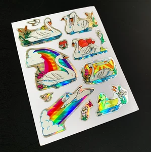 SWAN LOVE RAINBOW NATURE BIRD flower VINTAGE sticker prism prismatic foil holo - Picture 1 of 5