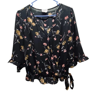 Sienna Sky Blouse Women's Large Black Floral V-Neck Wrap Tie Front 3/4 Sleeve GC - Picture 1 of 17