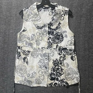 Carol Little Linen Top Womens Large Black Gray Floral Button Tie Waist Resort - Picture 1 of 8