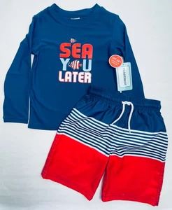 Boys Floatimini Swimsuit SEA YOU LATER Board Shorts Shirt SET 5 Swim Blue Red - Picture 1 of 6
