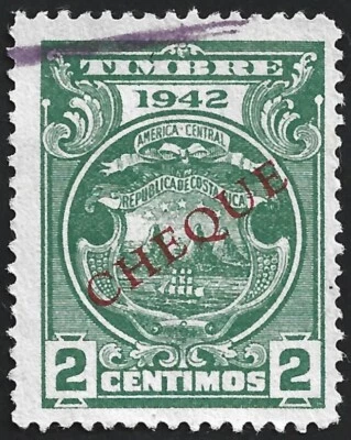 (AOP) Costa Rica 1940 2c green revenue stamp overprinted red "CHEQUE" - Image 1 of 2