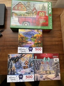 LOT OF 4 Winter Christmas Jigsaw Puzzles 500, 1000 pc Kinkade Red Truck COMPLETE - Picture 1 of 19