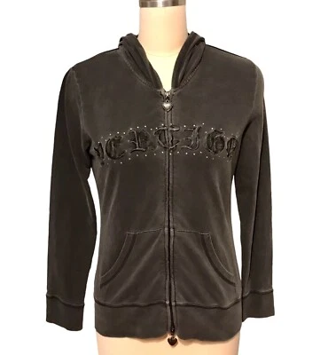 Jaqueta com capuz Y2K Vertigo Paris veludo pista cristais bling vintage feminina tamanho M - Imagem 1 de 4