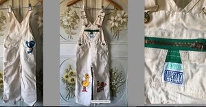 VTG 70s LIBERTY USA-MADE NATURAL ECRU COTTON BIB OVERALLS SESAME ST. PAINTED 3T - Picture 1 of 12