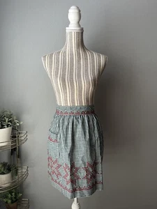 Green Red White Gingham Waist  Apron with Red Rickrack and Embroidery Christmas - Picture 1 of 4