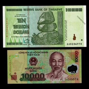 10 Trillion Zimbabwe Dollars 10,000 Vietnam Dong Uncirculated 100% Authentic COA - Picture 1 of 2
