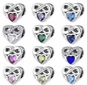 925 Sterling Silver month Birthstone heart Charms birthday gift for bracelet uk - Picture 1 of 23