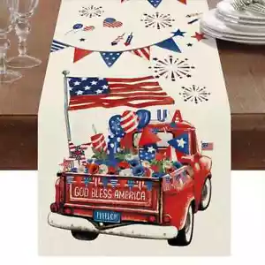 4th of July Table Runner 13 X 72" Red Truck Flag Fireworks Patriotic Decor - Picture 1 of 1