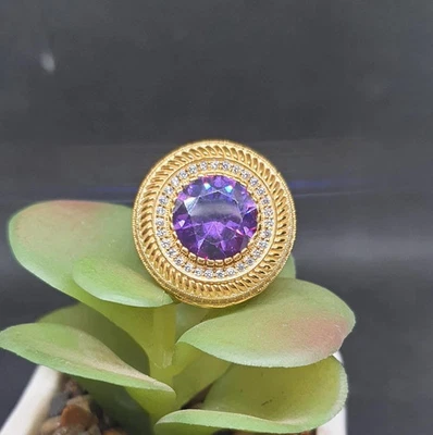 Anillo de halo de 4 quilates Bishop para hombre creado en laboratorio amatista y diamante enchapado en oro amarillo de 14 k Foto 1 de 4