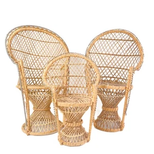 LOT OF 3 Vintage Wicker Peacock Fan Back Rattan Chair Doll Or Plant Stand - Picture 1 of 22