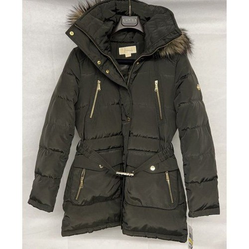 As Is Medium PM Michael Kors Giacca Cappotto Tampone Cintura Cappuccio Pelliccia Bordo Piumino Logo