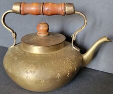 Vintage Brass Etched Tea Kettle Hand Engraved Pot Wood Handle India A3108